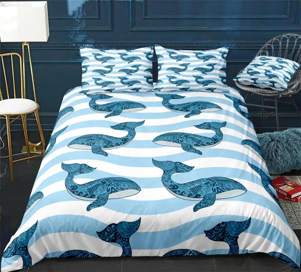 Set Copripiumino Oceanico Set Biancheria da Letto Balena Azzurra Biancheria da Letto Animale Marino Set Letto a Righe Tessile per la Casa in Microfibra per Bambini e Adolescenti
