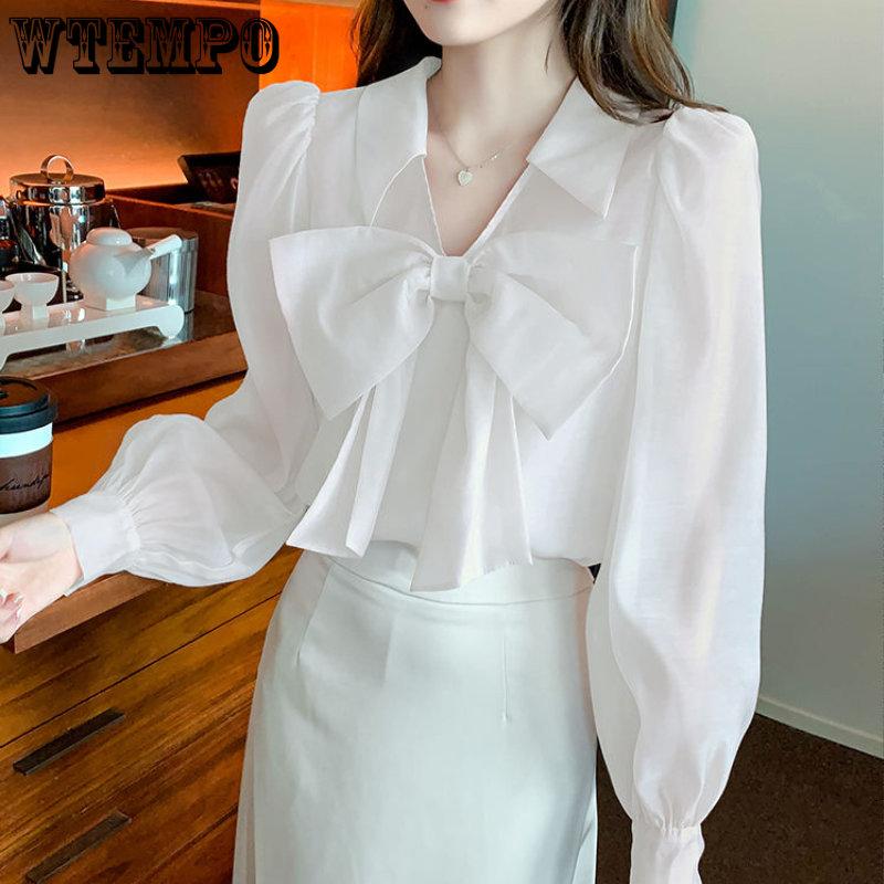 Early Spring Women's Shirt Chiffon V-neck Bowknot Shirt Small Crowd Style Pink Chiffon Shirt with Design