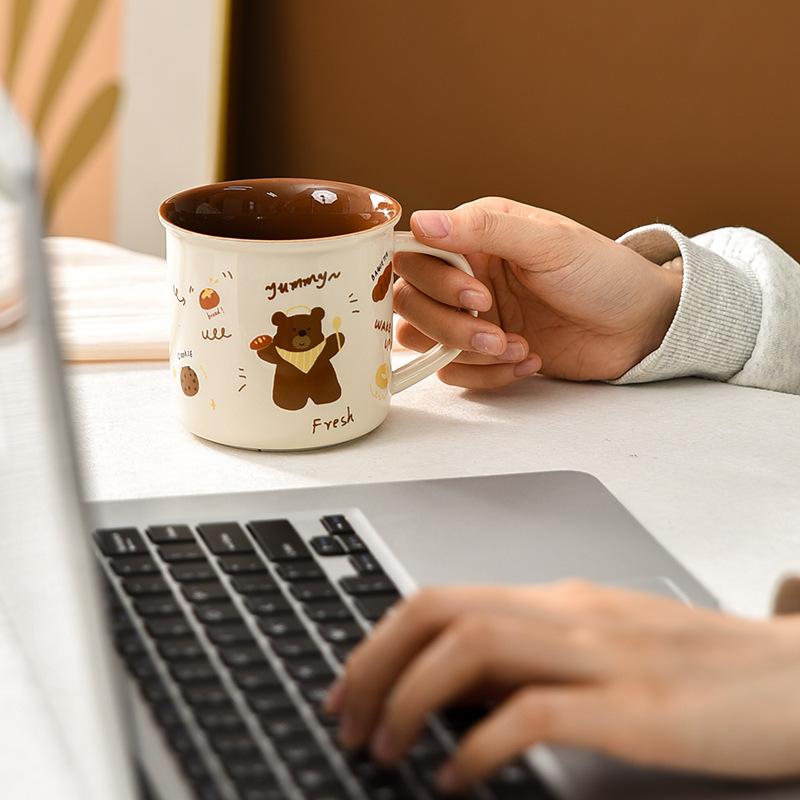 Bread Bear Retro Breakfast Cup Cute Cartoon Large Capacity Ceramic Mug Without Lid Water Cup Couple Home Cup