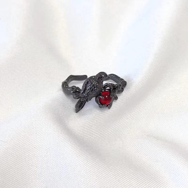 Women's Black Raven Adjustable Open Ring - Dark, Simple, Korean Style Fashion