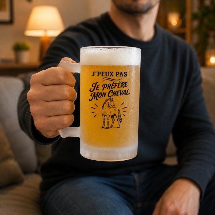 Verre à bière - PLANETEE - J’peux pas je préfère mon Cheval (minimaliste) - Givré - 470 ml - Verre trempé