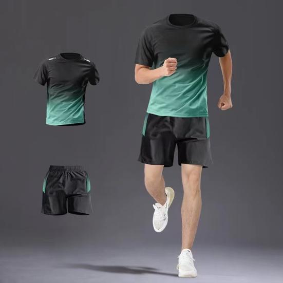 2Pcs/Set Men Summer Sportswear Crew Sleeve T-shirt Elastic Neck Short Waist Wide Leg Shorts Set Quick