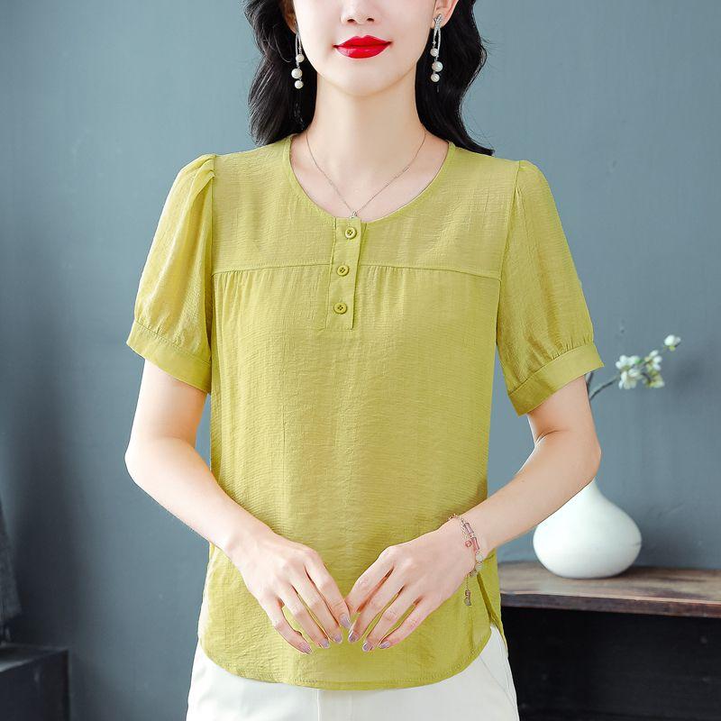 Sommer-Rundhalsshirt für Damen, kurzärmeliges Shirt aus Eisseide, lockeres Mama-T-Shirt für Damen, kurzärmeliges Shirt