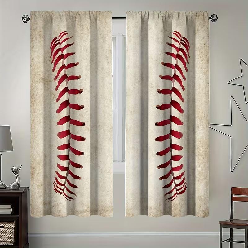 

Baseball Print Curtains Suitable Bedroom Living Room Kitchen Decoration Home Window Set Of 2 Made Polyester Sitting Decor W100*H70(CM)-Hooks&1PCS