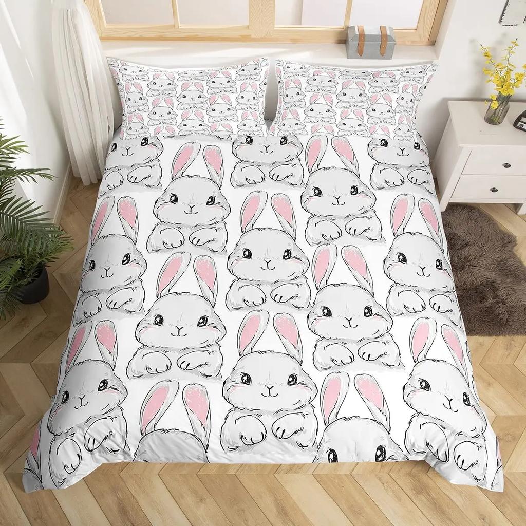 3D Rabbit Duvet Cover Set Full Queen Size Cute Farm Animal Butterfly Bedding Set For Girls Teal Blue Watercolor Comforter Cover