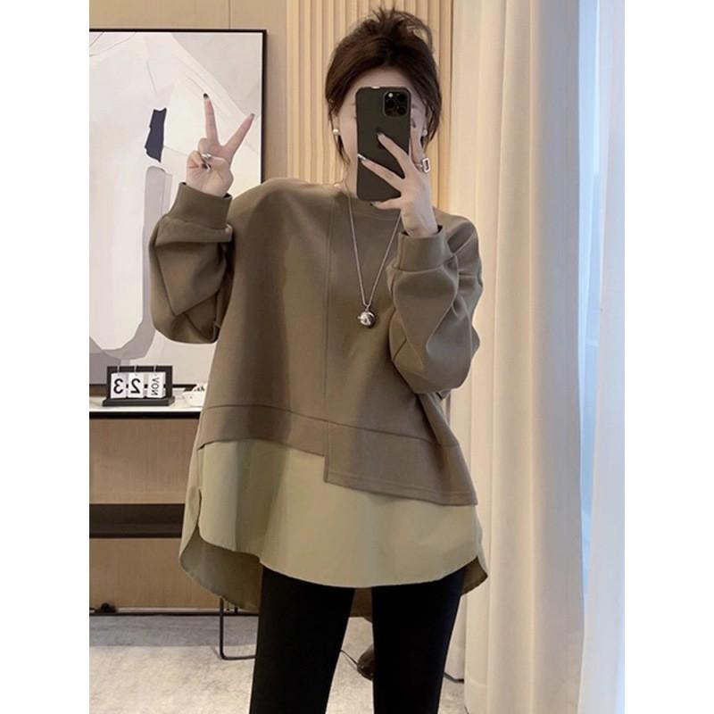 Women's Crew Neck Long Sleeve Fake Two Piece Sweatshirt Loose Fit Plus Size Streetwear Color Block Patchwork Casual Fall Pullover Top