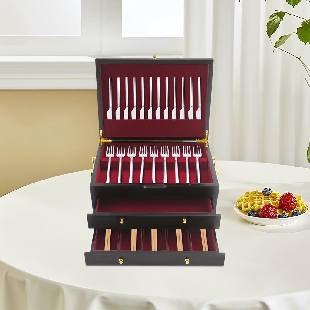39x29x17.5cm Kiefernholz 3 Etagen Holz Besteckkasten, Handgefertigte Schwarz Rote Aufbewahrungsbox Freistehend für Zuhause, Restaurants