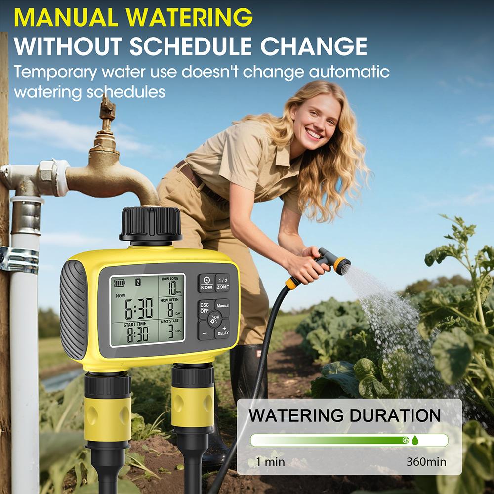 Large Screen Display Garden Irrigation Timer 2 Outlets Smart Water Timer Irrigation Control System Timed Water Value IPX5