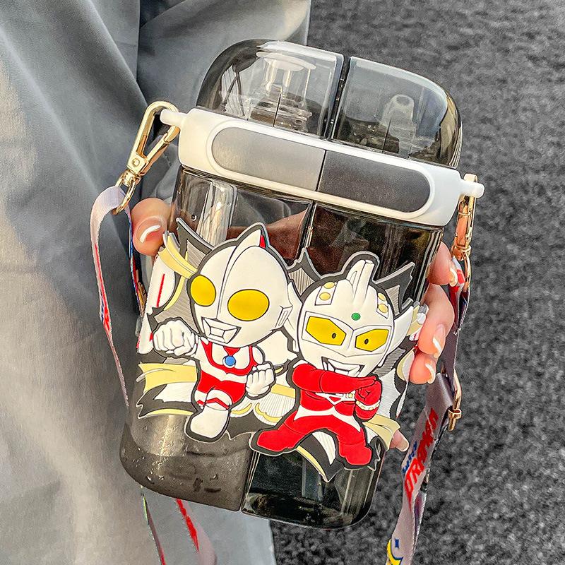 Ultraman Children's Water Cup Is Made of Special Material for School, Double Drinking Cup with Straw, High Temperature Resistance and Anti-drop.