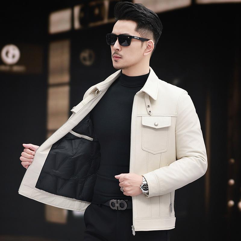 Autumn and Winter Men's Genuine Leather Jacket Korean Style Slim Jacket Fashionable Men's Clothing Can Be Added with Velvet