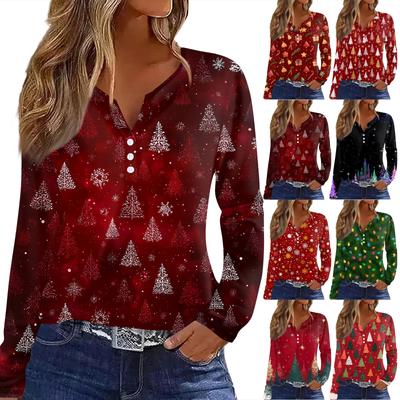 Women's T Shirt Tee Christmas Print Button Long Sleeve Daily Weekend Fashion Basic V- Neck Regular Top