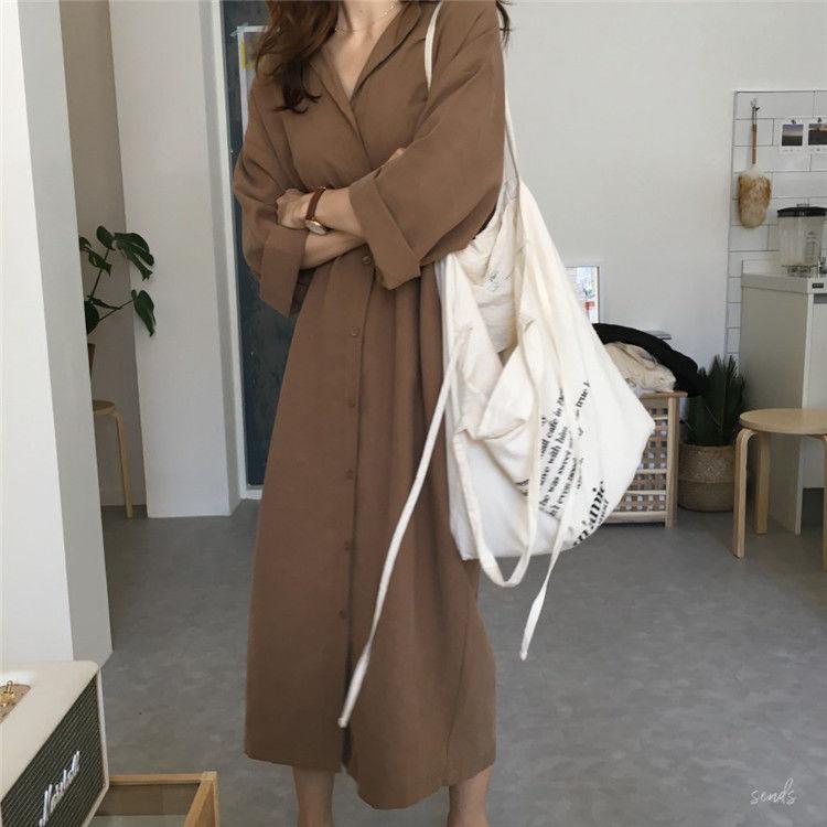 Tie-Waist Shirt Dress Women's Solid Color Skirt Spring Korean Style Loose Student French Lady Fashionable Dress