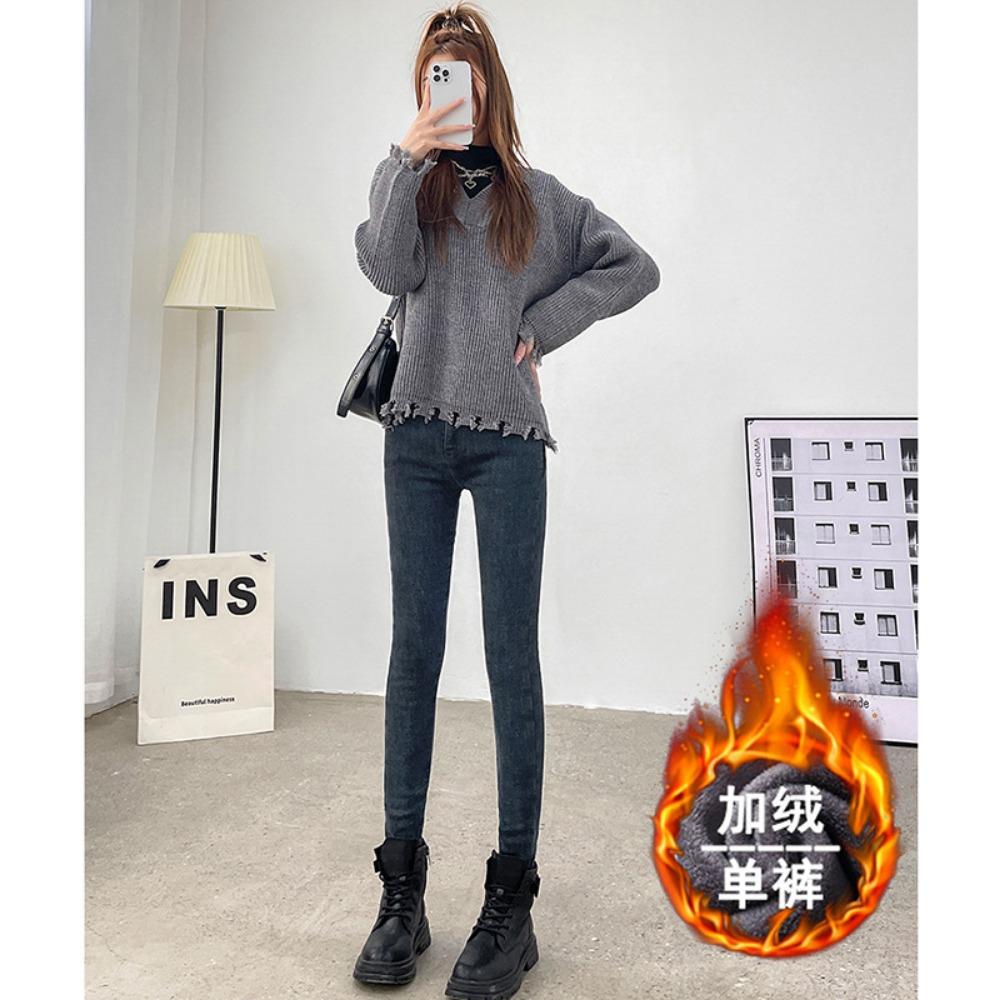 High-waisted Jeans for Women's 2025 Autumn and Winter New Thin, Slim-fitting, Fleece, Small-footed Pencil Pants
