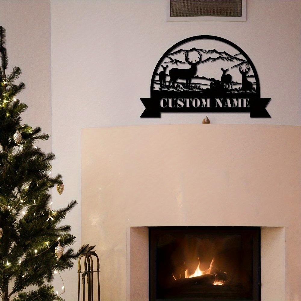 Personalized Deer Metal Family Name Sign, Matte Black Iron Wall Art for Indoor Outdoor