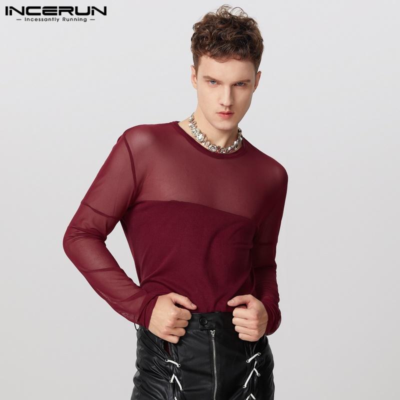 INCERUN Men Long Sleeve Patchwork Mesh Sheer See Through Tops T-shirts Undershirts