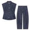 European and American style, wholesale women's clothing denim shoulder pads nine-point short skirt shirt + denim bucket pants set