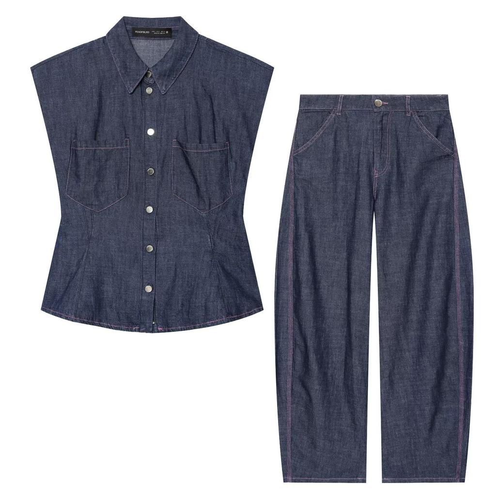 European and American style, wholesale women's clothing denim shoulder pads nine-point short skirt shirt + denim bucket pants set