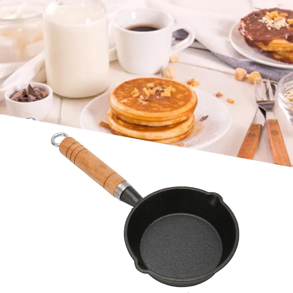 Frying Pan Cast Iron Skillet Drip Spouts Wooden Handle Stain Resistant Quick Heat Easy To Clean Cook Pan