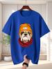 Unisex Cream Tee Hip Hop Bulldog With Beanie Scarf Portrait Print Crew Neck Short Sleeve Summer Casual Male Cotton Street Daily Top