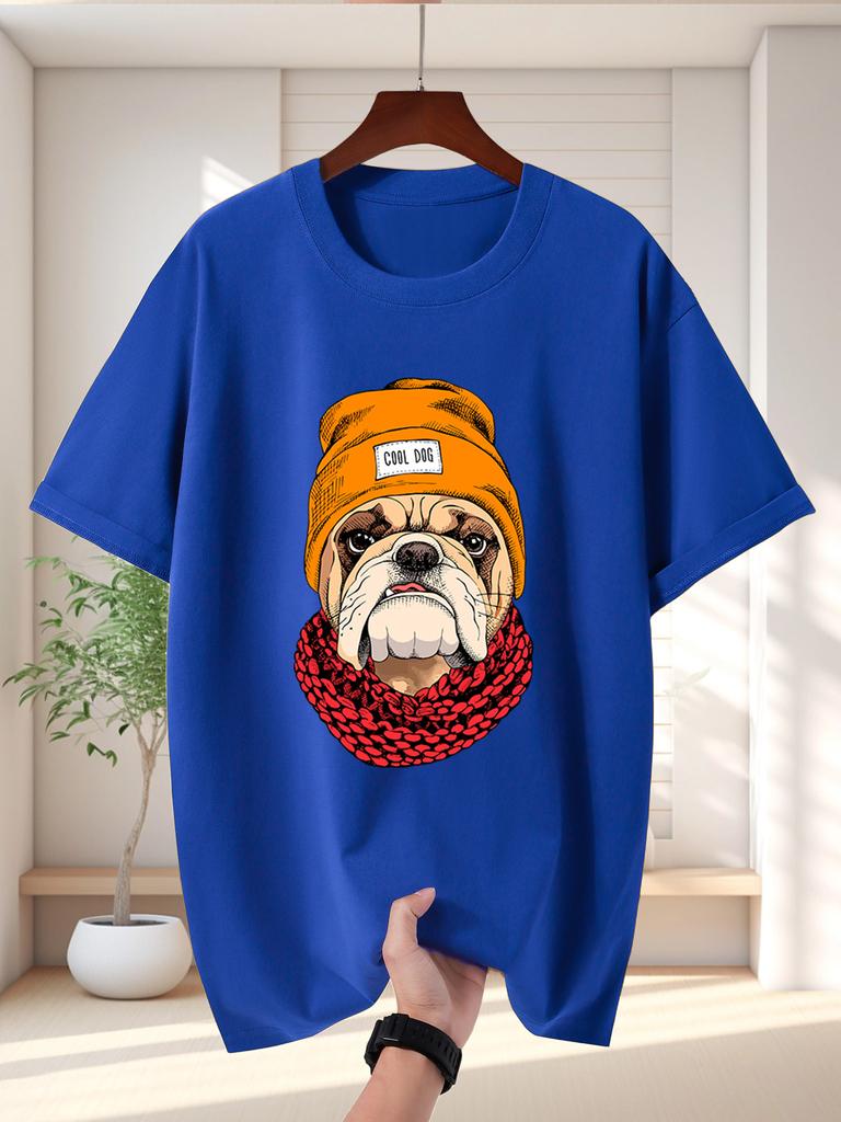 Unisex Cream Tee Hip Hop Bulldog With Beanie Scarf Portrait Print Crew Neck Short Sleeve Summer Casual Male Cotton Street Daily Top