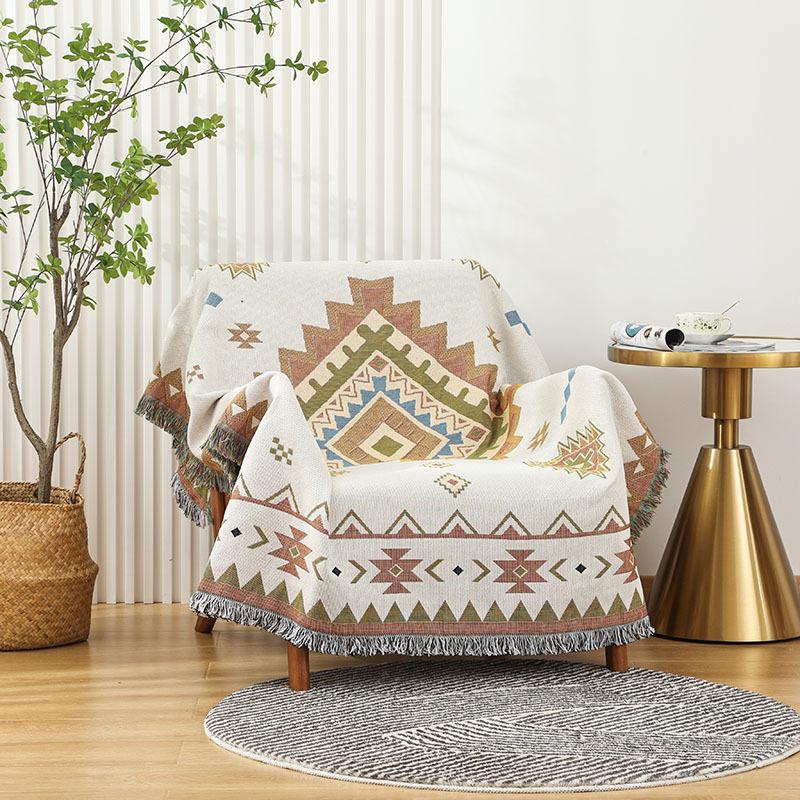 Reversible Blanket, Geometric Pattern, Beige Blanket, Sofa Throw