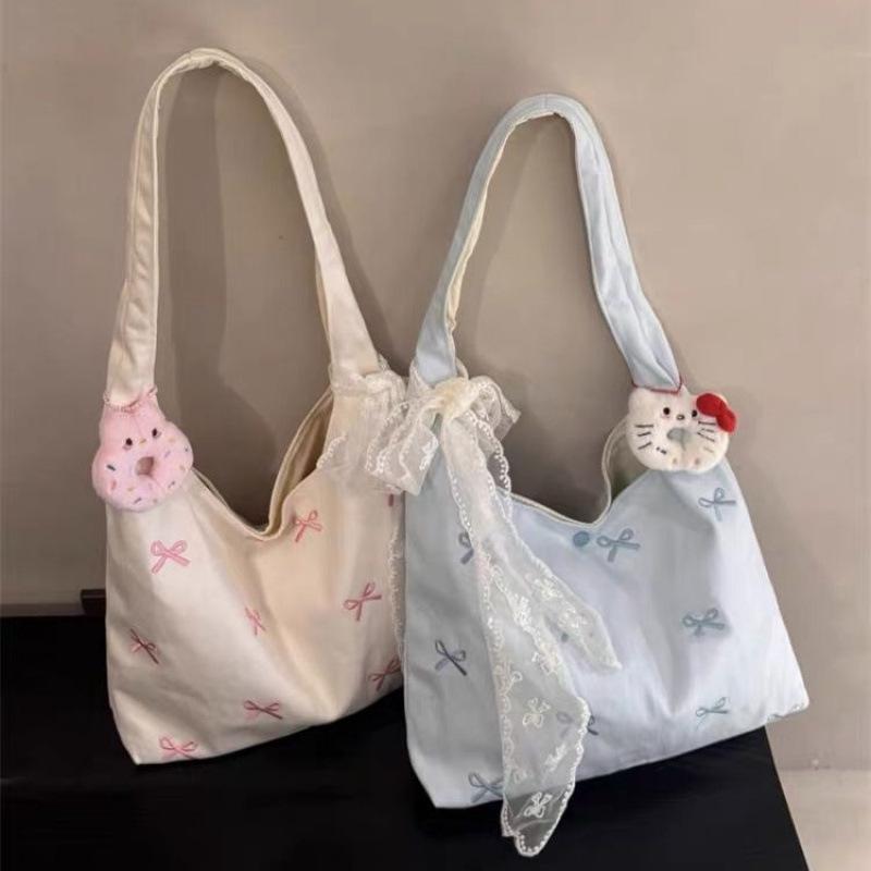 

Канвасна сумка-тоут з корейською вишивкою-бантиком - Жіноча плечова сумка великої місткості для навчання та поїздок