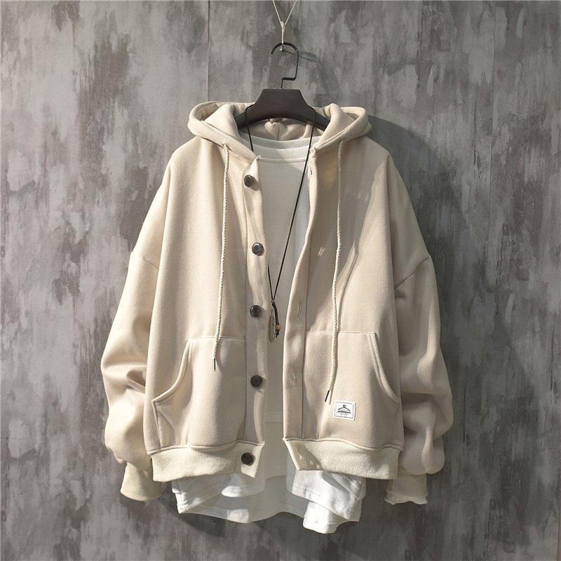 Men's Korean Style Hooded Jacket: Autumn/Winter Loose-Fit, Pocket Label Design, Trendy Button Cardigan Sweatshirt.