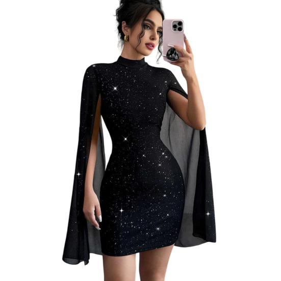 

Жіноча блискуча міні-сукня з рукавами-накидками, сексуальна, з високим коміром, коктейльна сукня для вечірки, сукня для виходу, сукня для весільного гостя XL чорний
