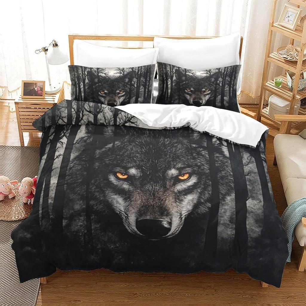 Wolf Duvet Cover Double Microfiber Bedding Set, 3D Print Wolf Duvet Quilt Cover and Pillowcase With Zipper Closure for Kids