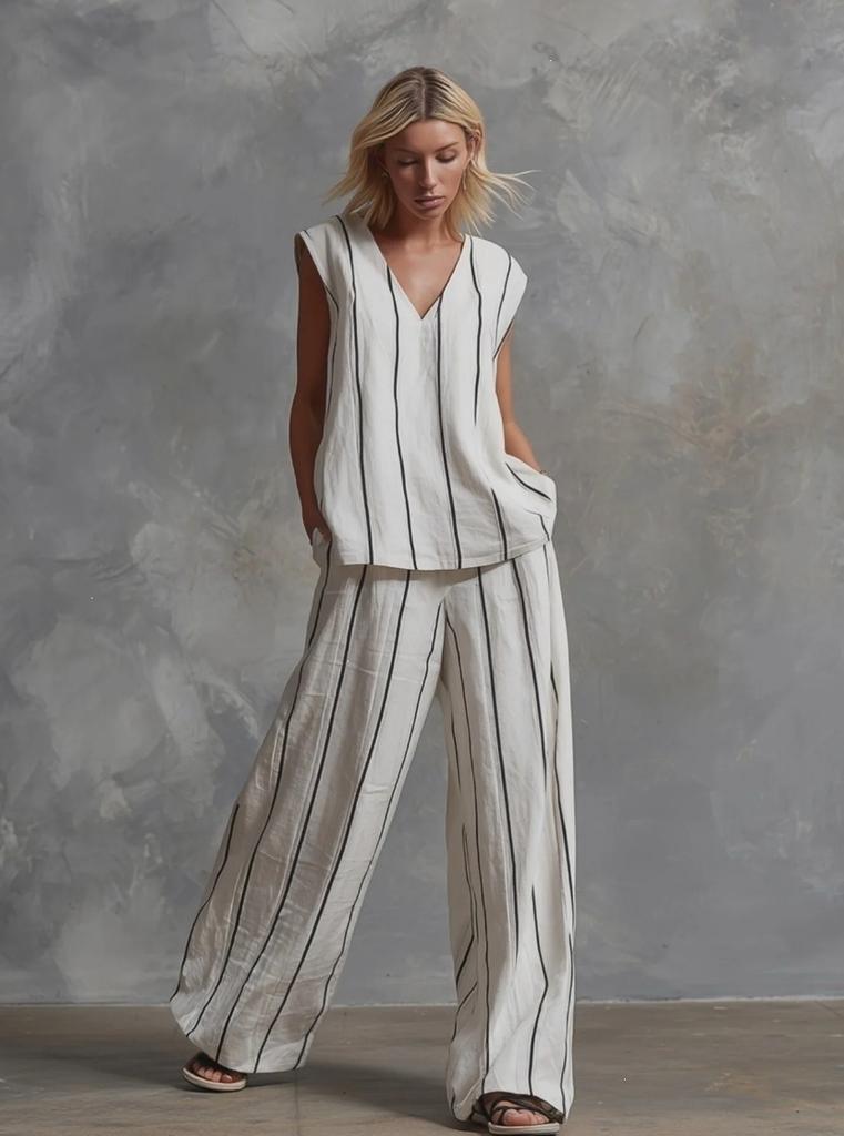 16 French minimalist black and white vertical stripes loose and thin women's suit wide-leg pants two-piece set