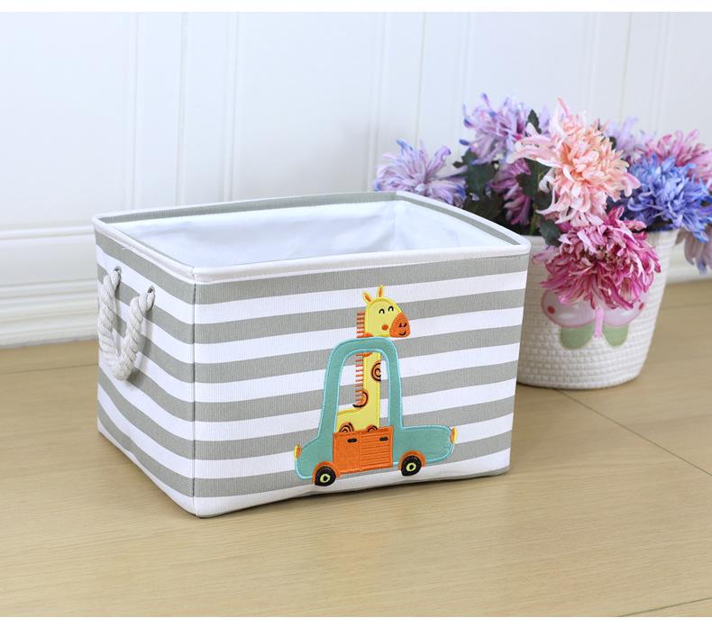 Children's Cartoon Embroidery Storage Bucket - Fabric Cotton Linen Organizer for Toys, Laundry, and Sundries.