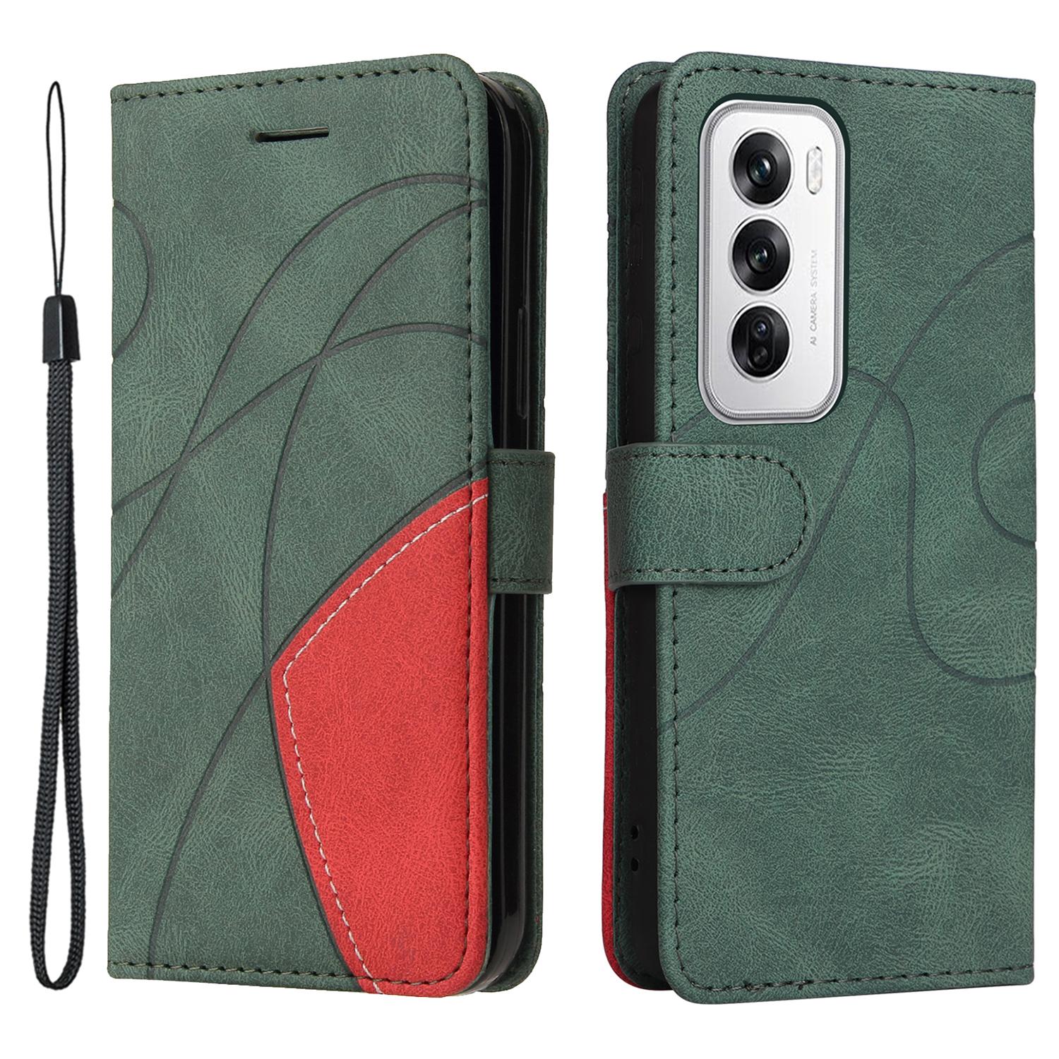 

For Oppo Reno12 5G (Global) Leather Case Wallet Stand Color Splicing Phone Cover Green