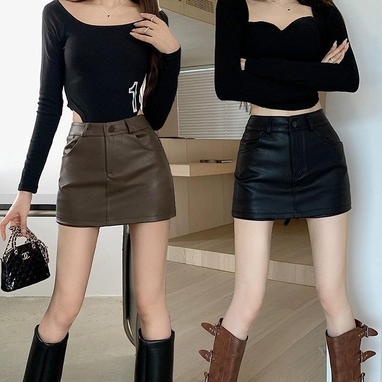 Autumn/Winter High-Waist Coffee Leather Midi Skirt for Women - Slimming Bodycon with Anti-Exposure Shorts
