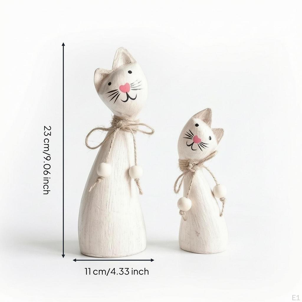 2 Pieces Wooden Cat Figurine Decorative Figurines Rustic for Shelves, Mantel