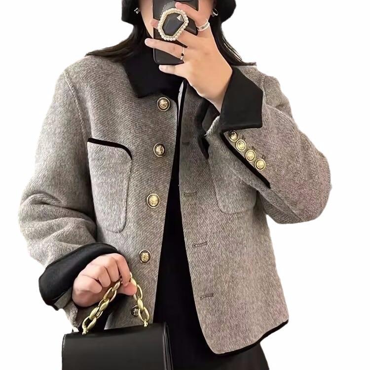Women's Double-Faced Cashmere Short Coat, New Korean Style, Contrast Color, Small Size, Perfect for Autumn and Winter