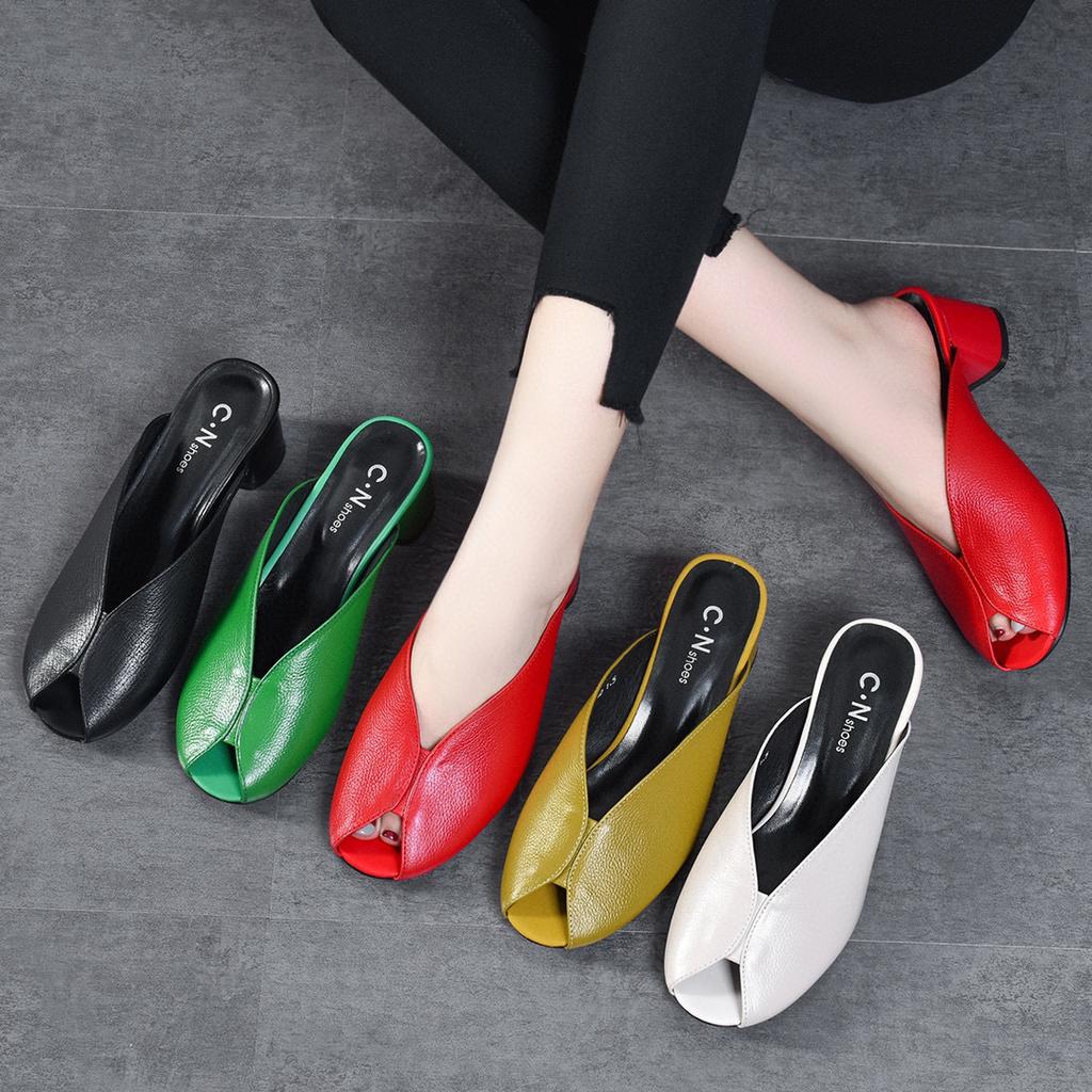 High-heeled outer slippers women's shoes 2025 summer European and American style first-layer cowhide fish mouth thick heel sandals women's fashion