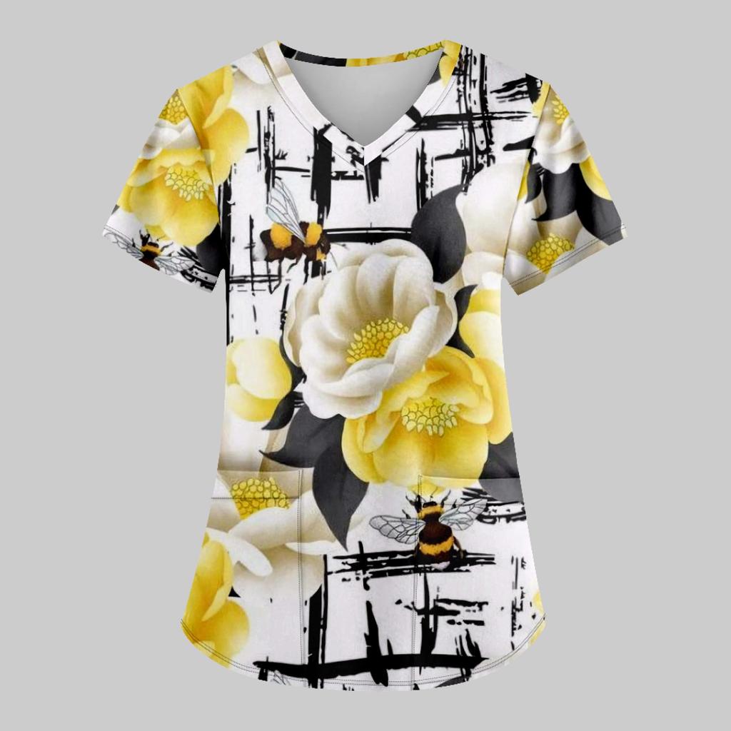 Women's Fashion Printed Work Uniform With Pocket T-Shirt Short Sleeve Top