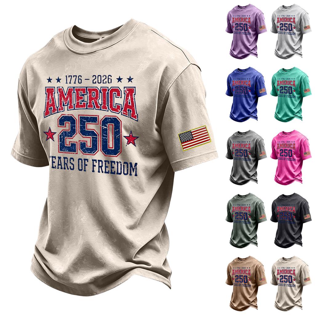 Men's Vintage Washed Crew Neck Short Sleeve T Shirt America 250 Years of Freedom Independence Day Graphic Tee Casual Fit