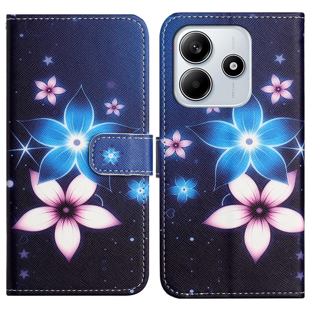 

For Xiaomi Redmi Note 14 5G Case Pattern Print PU Leather Wallet Phone Cover Cross Texture Blue Flower