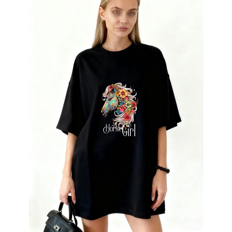 

Oversized T Shirt Black Horse Girl Floral Design Graphic Print Casual Streetwear Summer Top Women Fashion Trendy Loose Fit XXXXL чорний