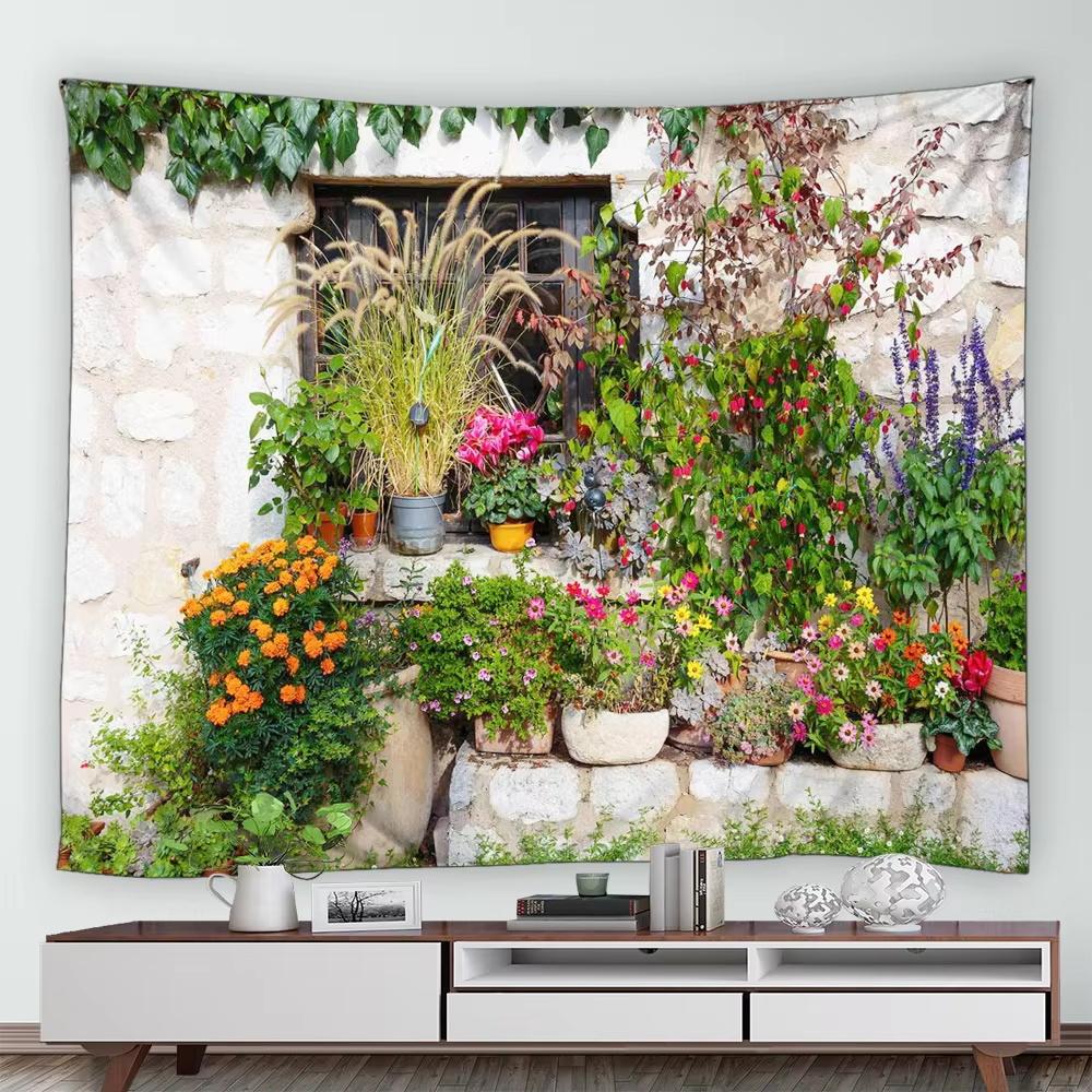 Street Flower Scenery Tapestry Vintage Blue Wooden Door Floral Plants Nature Landscape Home Garden Decor Wall Hanging Picnic Mat