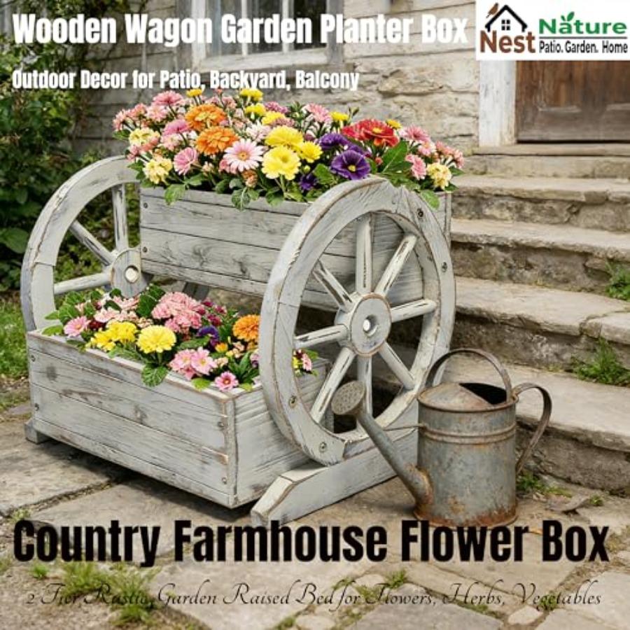 NestNature Wooden Wagon Planter Box Raised Garden Bed Decorative Garden Planters with Wheels for Indoor Outdoor Decor Plants in