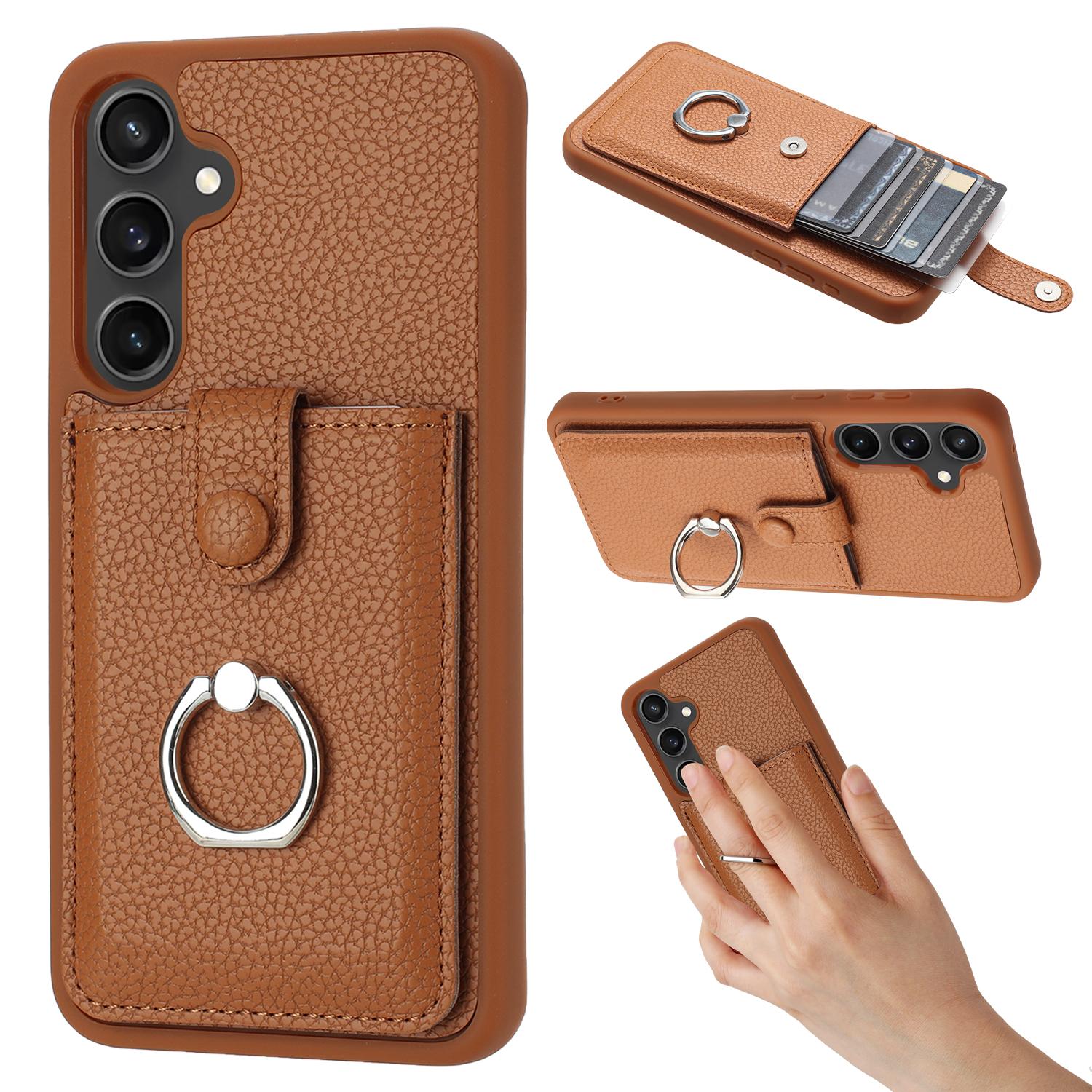 

For Samsung Galaxy A54 5G Case Drawing Type Card Slots Litchi Texture Leather Back Cover with Ring Kickstand Brown