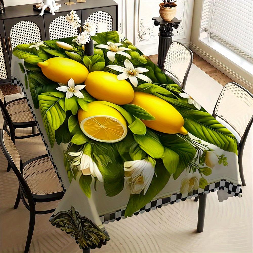 Nappe imprimé citron vibrant avec feuilles vert frais et accents floraux, bord festonné, pour la salle à manger et la décoration de cuisine d'été 90x140cm