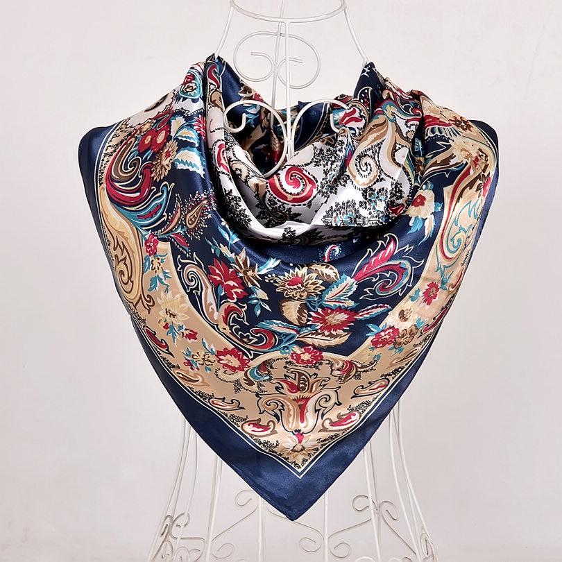 [BYSIFA] Navy Blue Chinese Roses Large Square Scarves New Female Elegant Large Silk Scarf Fashion Ladies Accessories 90*90cm