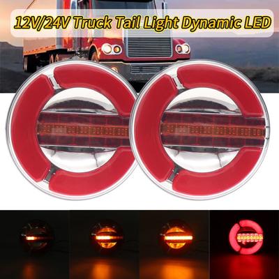 12V 24V Dynamic Running LED Truck Tail Light Turn Signal Lamp Trailer Tractor Brake Round Rear Lights Red Amber Taillights