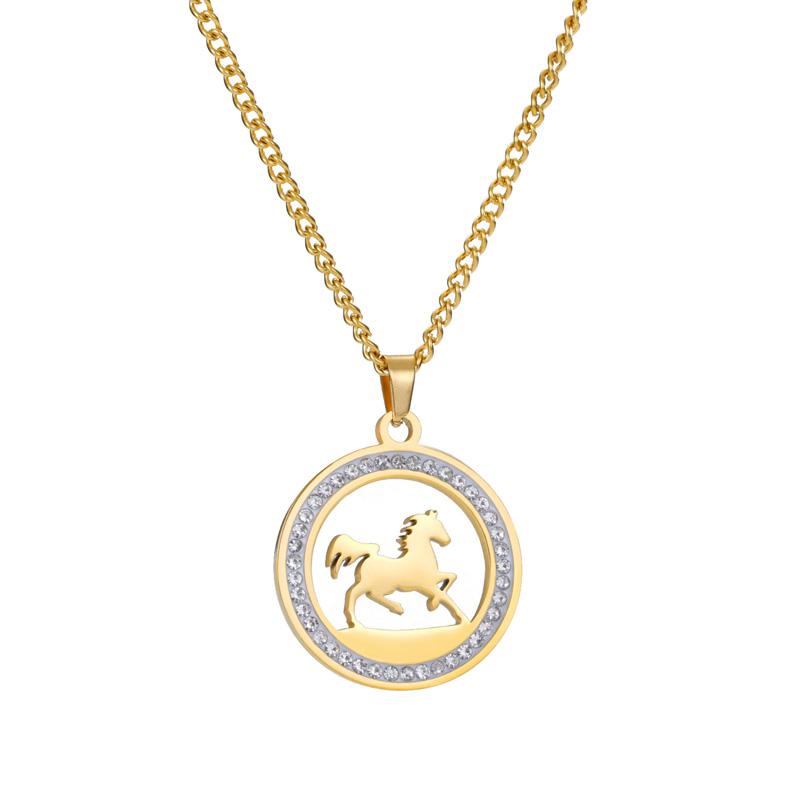 1ks Náhrdelník s přívěskem koně Vynikající nerezová ocel Novoroční dárek Diamantem vykládaný Temperament Kulatý přívěsek Náhrdelník