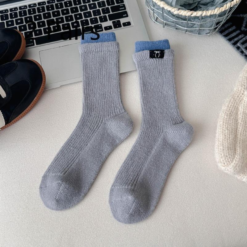 2 Pairs of Wool Socks - Children's Autumn-winter Thick and Warm Color-matched Double-cuffed Fabric Logo Bow Knee-length Socks Trendy Wool Long Socks