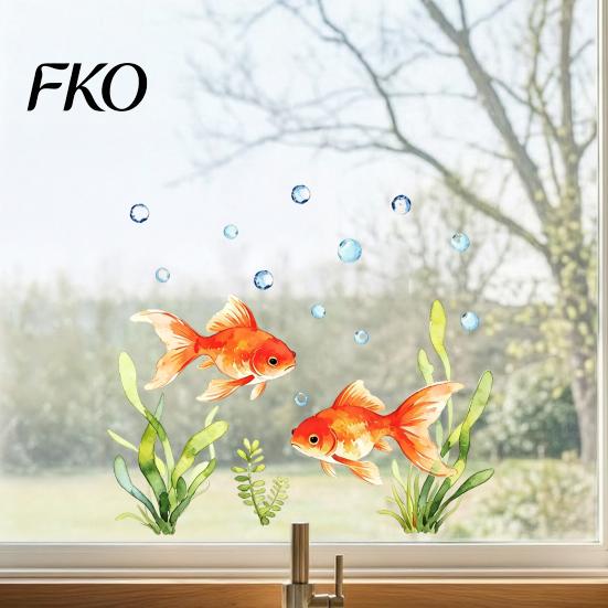 Aquatic Plant Window Decal Red Goldfish Design Sticker, Transparent Electrostatic Adhesion No Glue Auspicious Decor Glass for Living Room Bedroom