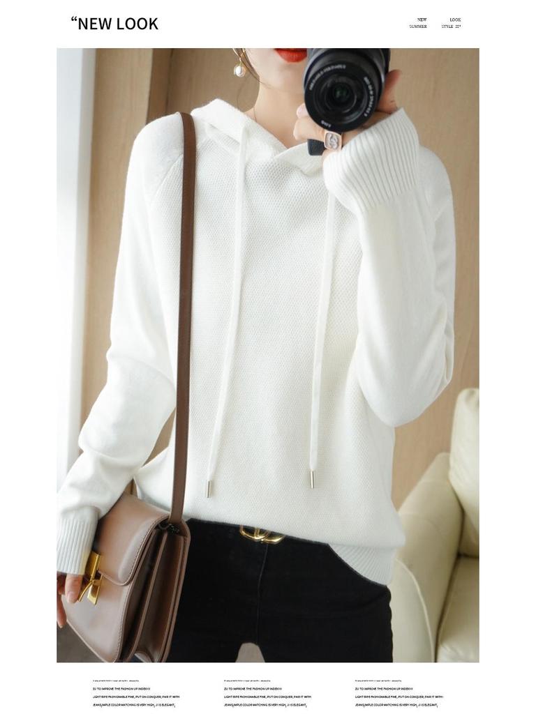 2025 Autumn/Winter Women's Hooded Knit Sweater - Long Sleeve, Solid Color, Loose Fit, Versatile Commuting Style